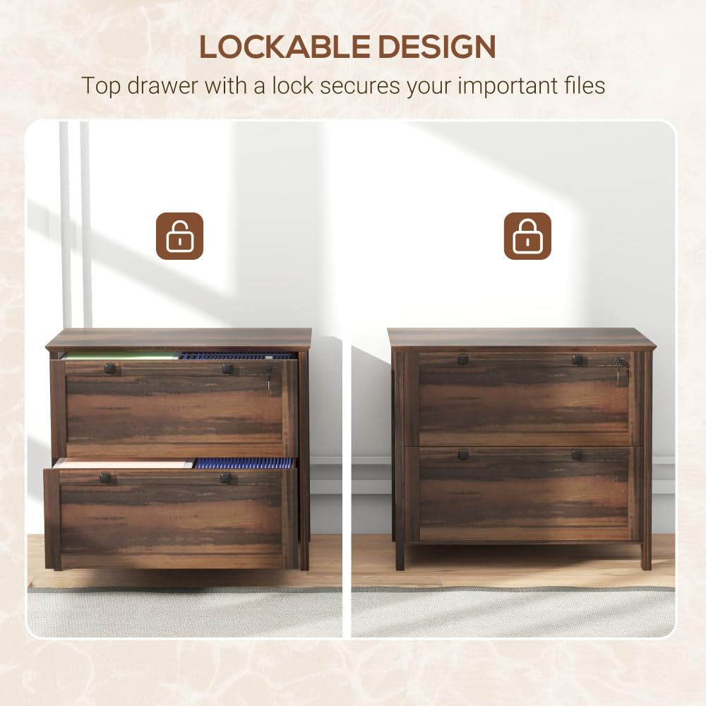 2 Drawer File Cabinet with Lock, Lateral Filing Cabinet with Keys and Adjustable Hanging Bar for Letter, A4 and Legal Size, File Cabinet for Home Office, Brown