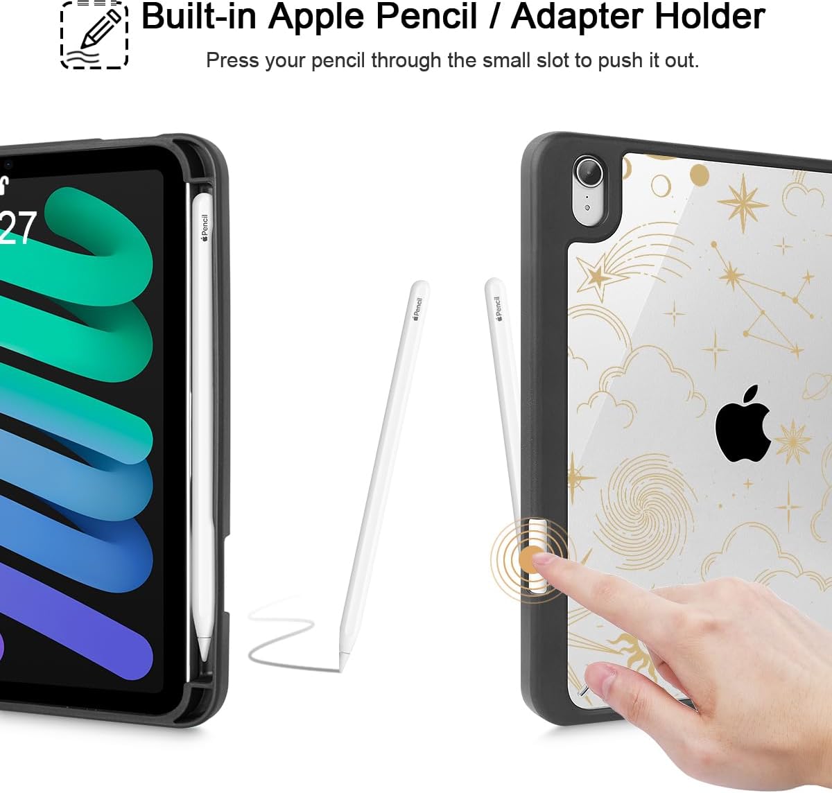 Tuiklol for iPad mini 7 (A17 Pro) 2024 / iPad mini 6 2021 8.3 inch Case, Built-in Pencil Holder Slim Clear Back Shell Cover Auto Wake/Sleep with iPad mini 7th / 6th Gen Cover, Moon and Star