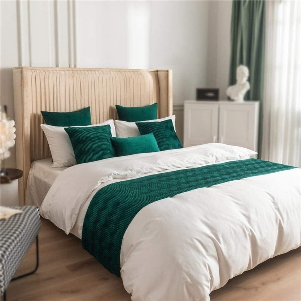 MiDuoHU Luxury Soft Bed Runner Solid Color Scarf Velvet Wave Pattern Pillowcase Hotel Bedroom Reversible Double Use Bedspread(Green,45x240cm (for 1.8m bed))