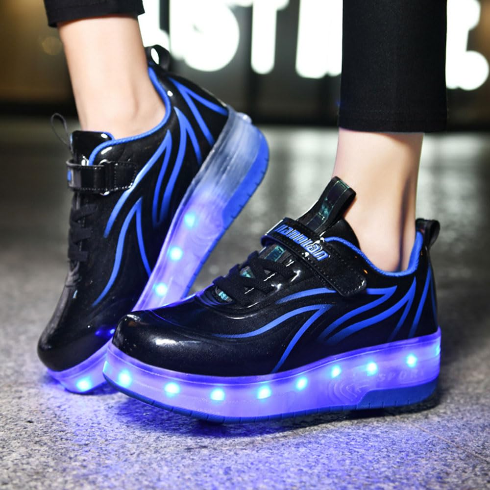 ENEN Zapatos con Ruedas Zapatillas con Dos Ruedas para niños y niña Led Luces Zapatillas con Ruedas - USB Recargar Skateboarding Zapatos Bambas con 2 Ruedas Rosa Azul Blanco 28-41 EU