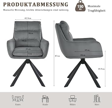 Swivel Dining Chair with Armrests - 360° Swivel Single Chair with Double Backrest and Removable Seat Cushion Light Grey