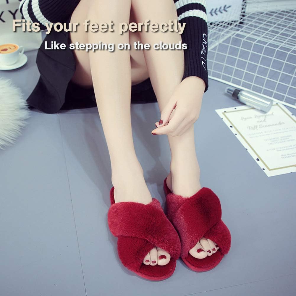 LZLER Women’s Cross Band Slippers, Soft Plush Fleece Lightweight Non Slip Open Toe Flip Flop Shoes House Indoor Outdoor Fur Fuzzy Slippers - Image 3