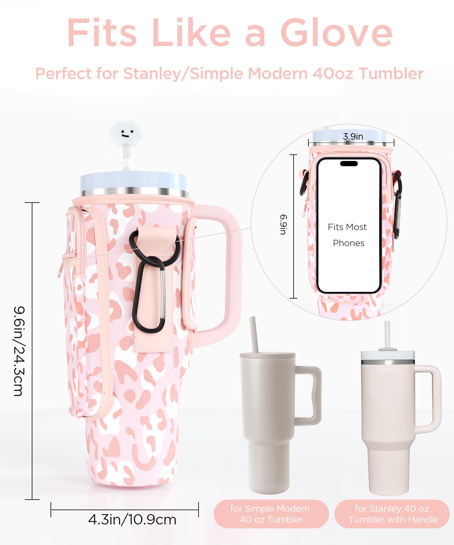 dabria Water Bottle Bag with Phone Pocket for Stanley 40 OZ Tumbler with Handle Neoprene Water Bottle Holder Pouch with Adjustable Strap Bollus with Straw Cover & Carabiner for Stanley Cup Accessories