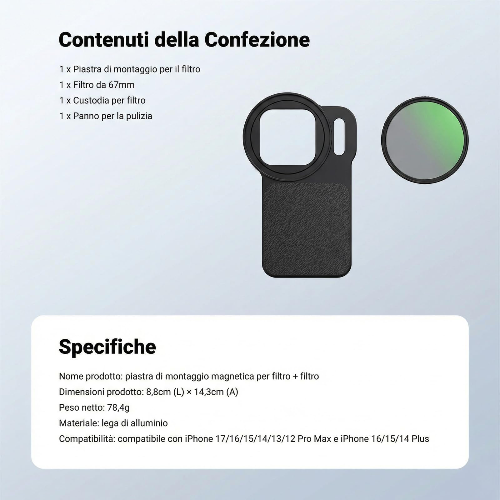 NEEWER Accessori Backplate Adattatore Magnetico da 6,9" per Filtro Obiettivo Telefono e Filtro Polarizzatore Circolare CPL 67mm Compatibile con MagSafe iPhone 12/13/14/15/16/17 Pro Max e 14/15/16 Plus