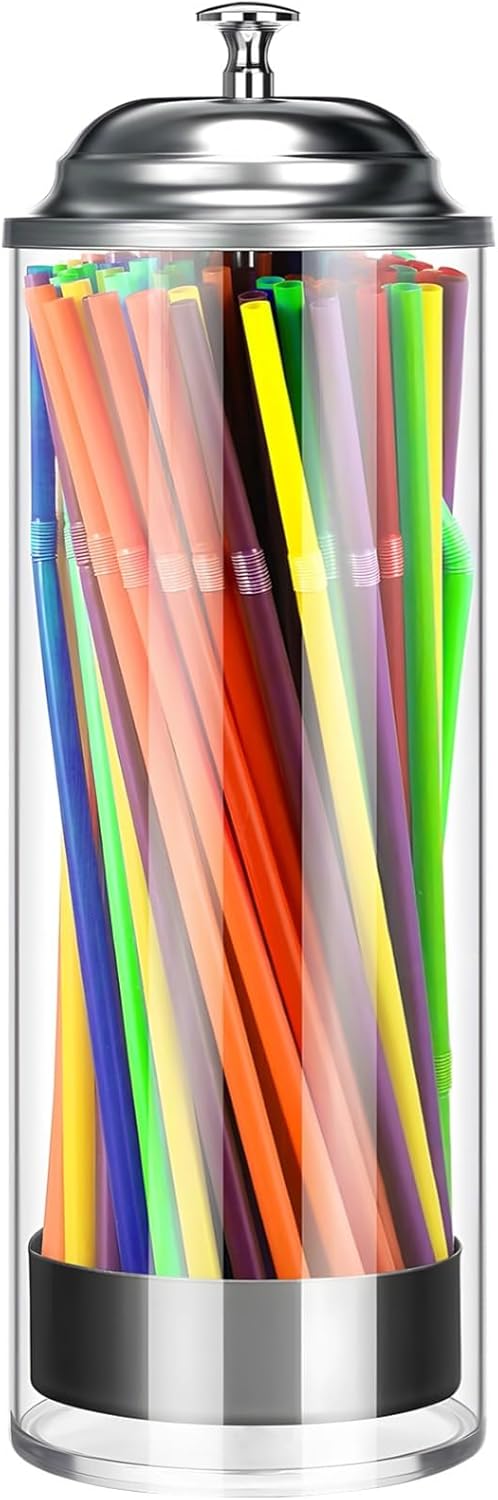 Generic Elegant Glass Straw Dispenser with Metal Lid - 11.2X3.5X3.3 Straw Organizer for Kitchen, Bar, Or Restaurant