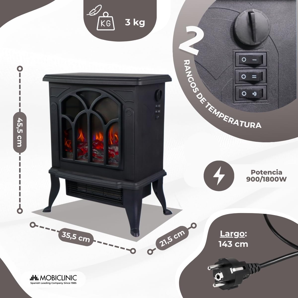 Mobiclinic® Chimenea Eléctrica de Pie Portátil 900/1800W Llama 3D Realista Temperatura Regulable 25 m²