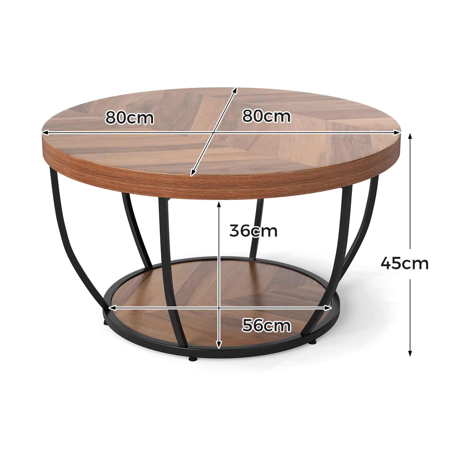LIFEZEAL Tavolino Salotto Rotondo a 2 Ripiani, Stile Industriale, Tavolino da Caffè, Soggiorno, Divano, Basso, in Legno e Metallo, Montaggio Semplice, Max 90kg, Ø80x45cm, Naturale