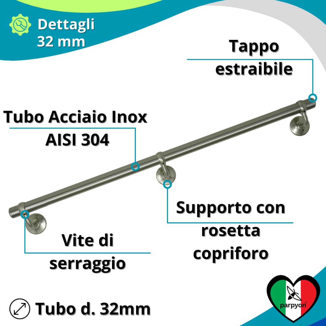 Parpyon® Wandhandlauf 40 Cm Weiß – Italienisches Aluminiumrohr, Inkl. Halterungen & Montagesatz, Einfach Selbst Montieren