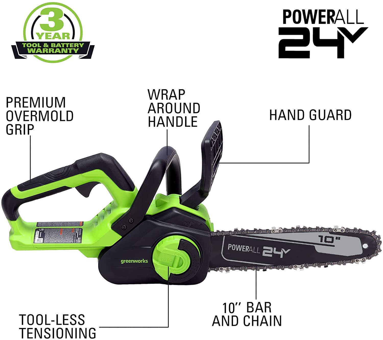 Greenworks 24V 10in Motosierra Eléctrico sin Cable con Batería de 2Ah y Cargador, Velocidad de Cadena 4,3 m/s, Auto-Aceitero, Motosierra de Batería con Protección Contra la Retracción