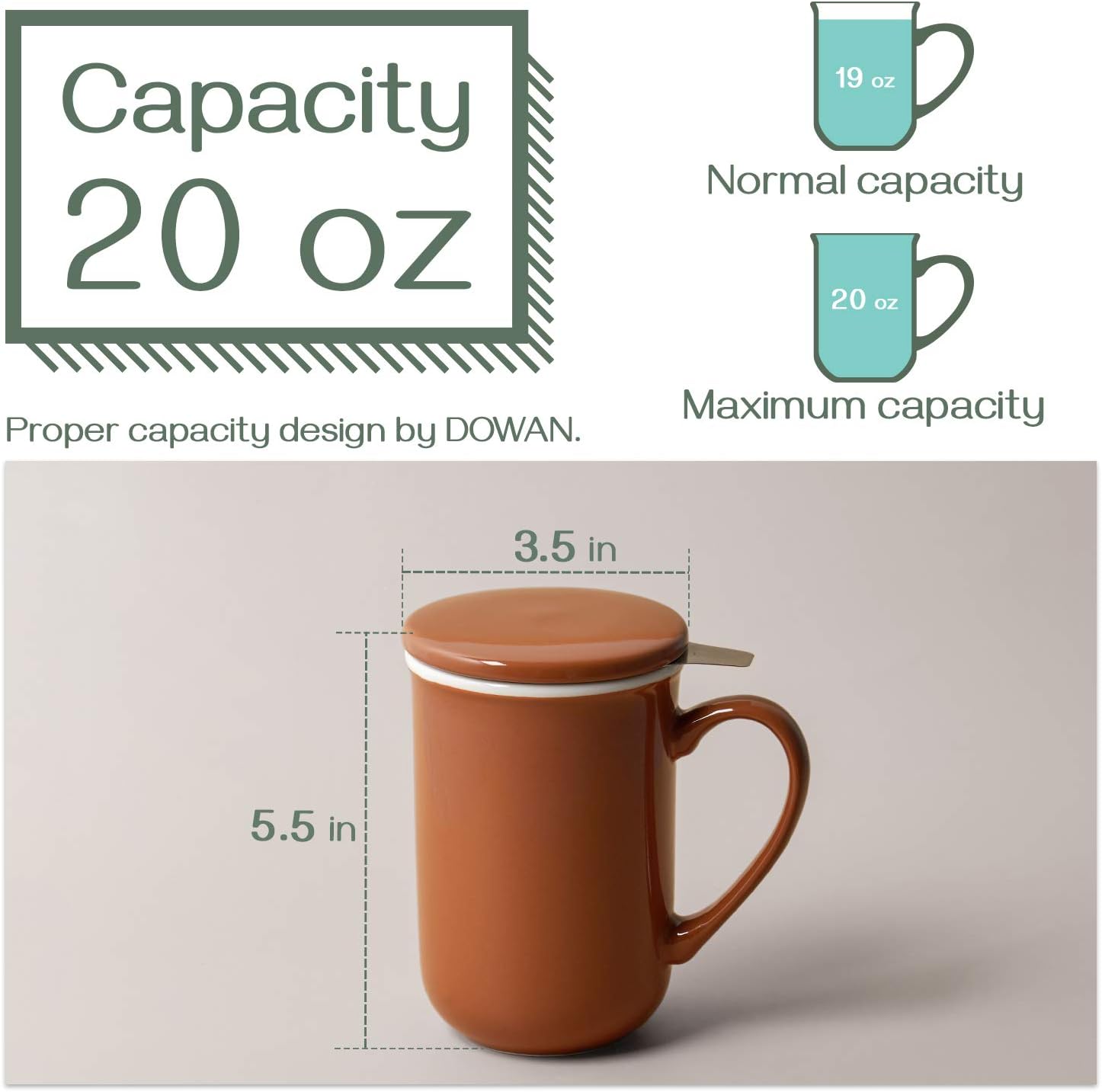 DOWAN Tea Mug with Infuser and Lid, 20 OZ Large Porcelain Tea Cup, Easy to Hold, Perfect for Loose Leaf Tea, Tea Bag, Coffee, Best Gift