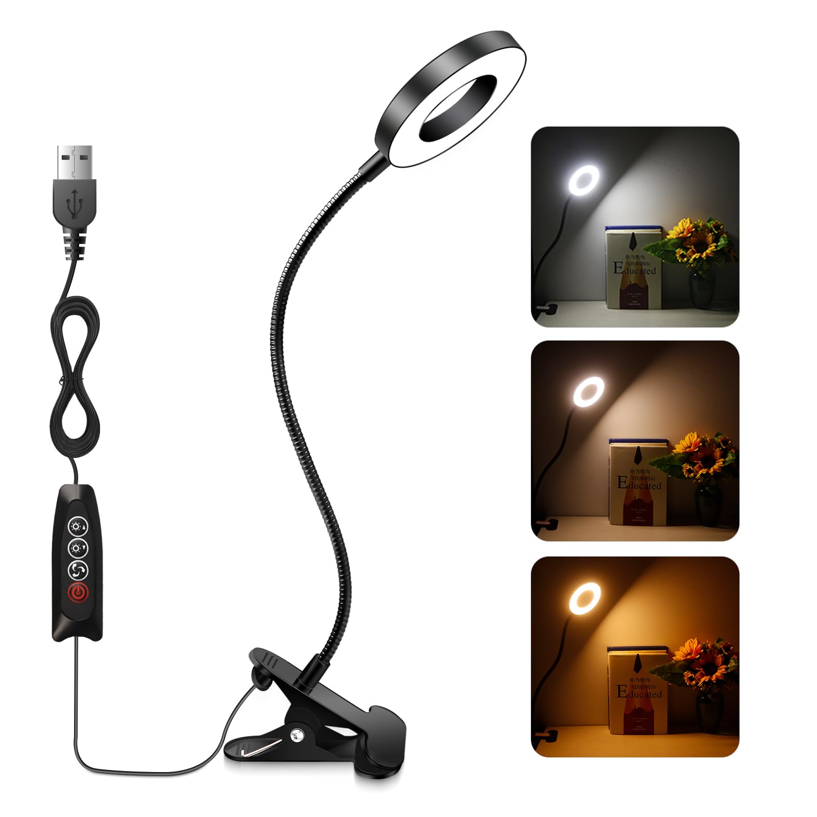 Akynite 10X Magnifying Glass with Light and Clip, 3 Colours 10 Brightness, LED Magnifier Lamp Flexible for Crafts Knitting Sewing Modelling, USB Magnifying Reading Light for Elderly, Black