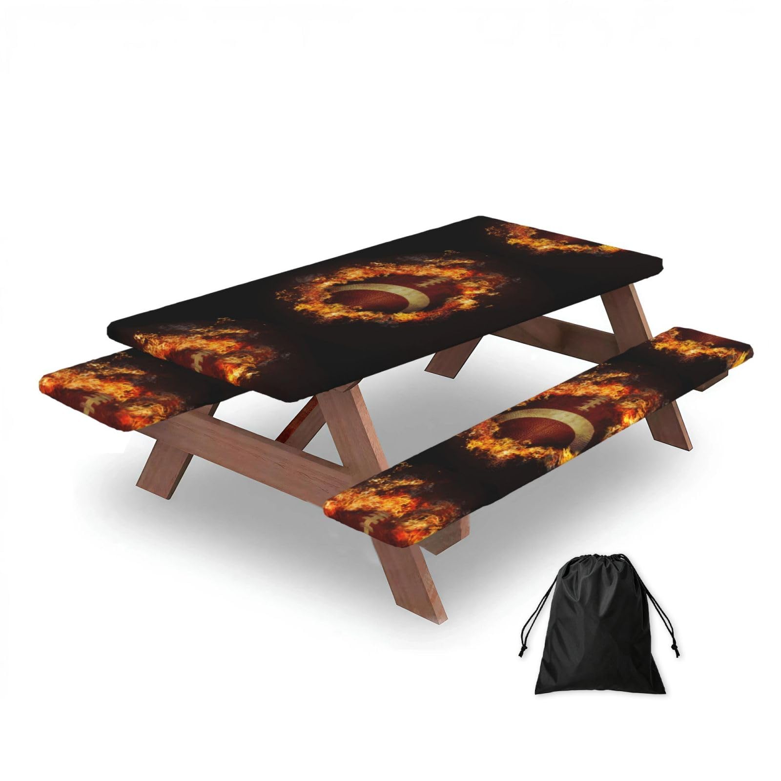 Dopklna As Picture Flaming American Football Printed, Picnic Table Cover With Bench Covers -Waterproof Elastic Fitted Tablecloth For Garden Camping Patio 76X152cm