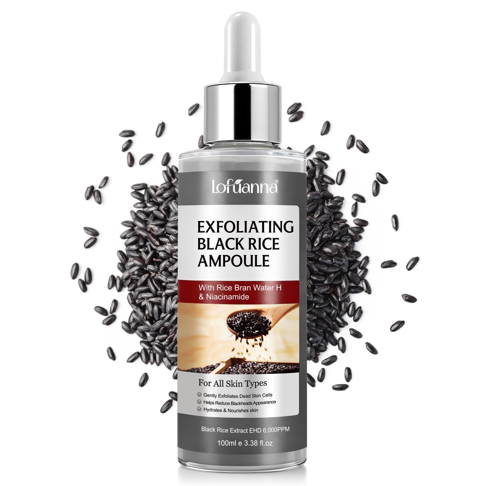 Black Rice Peeling Serum 100ml, Esfoliante Viso Delicato, Siero Esfoliante Riso Nero, Rimuove Cellule Morte e Punti Neri, Minimizza Pori, Niacinamide & Estratto di Riso Nero, Pelle Luminosa e Liscia