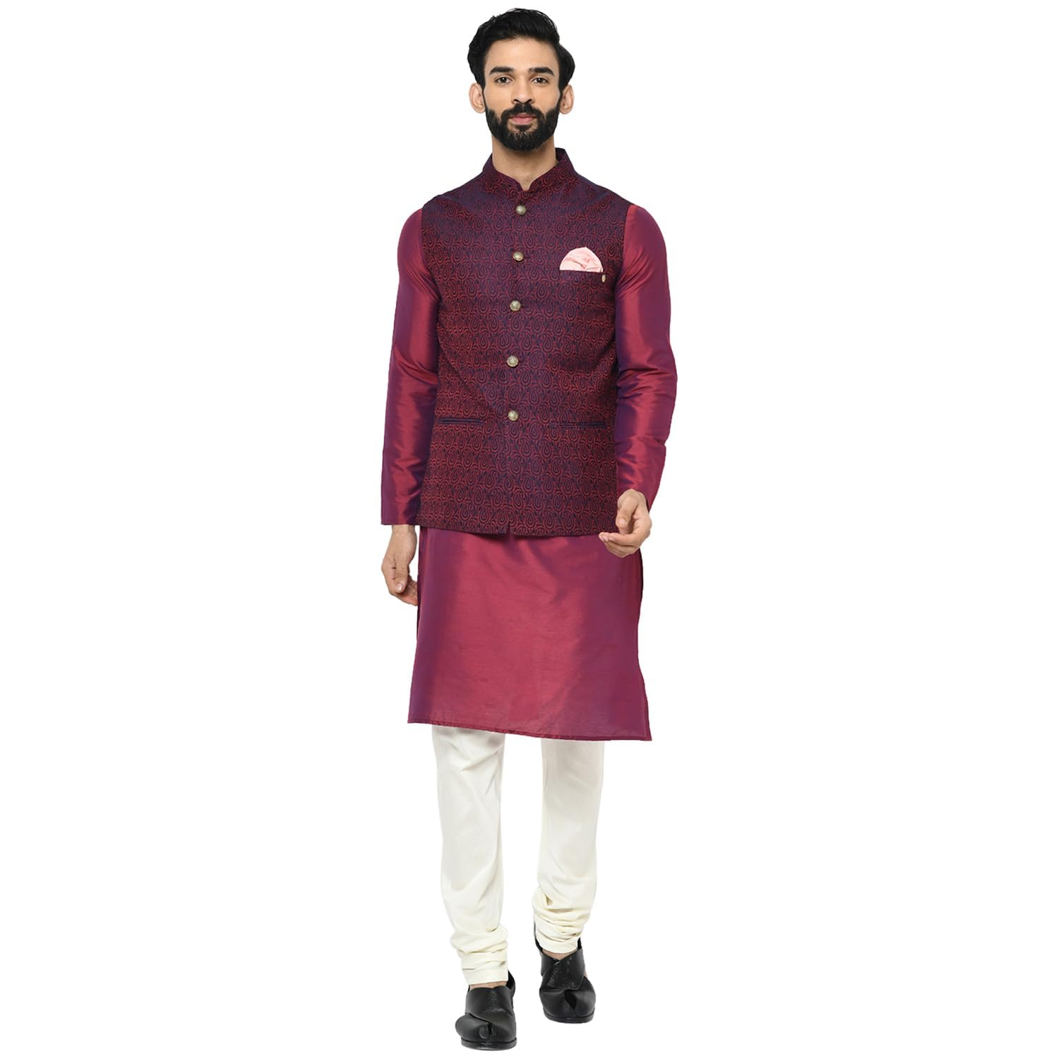 KISAH Men Orange Kurta Jacket (Waistcoat/Modi/Nehru) & Pyjama Combo (Set of 3), Ethnic Indian Traditional Wear, Orange Yellow