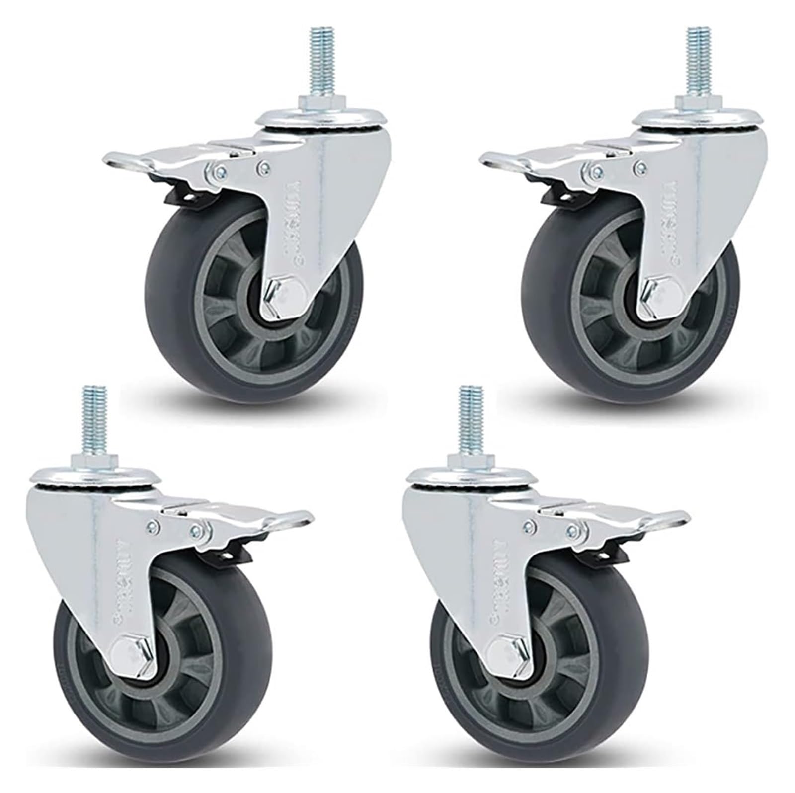 Lenkrollen Möbelrollen Rollensatz mit 4 Stück, 75 mm Gummirollen, geräuschlos, for Möbelwagen, M12 Hochleistungs-Lenkrollen mit Gewindeschaft, Tragfähigkeit 300 kg(with Brake,3inch)