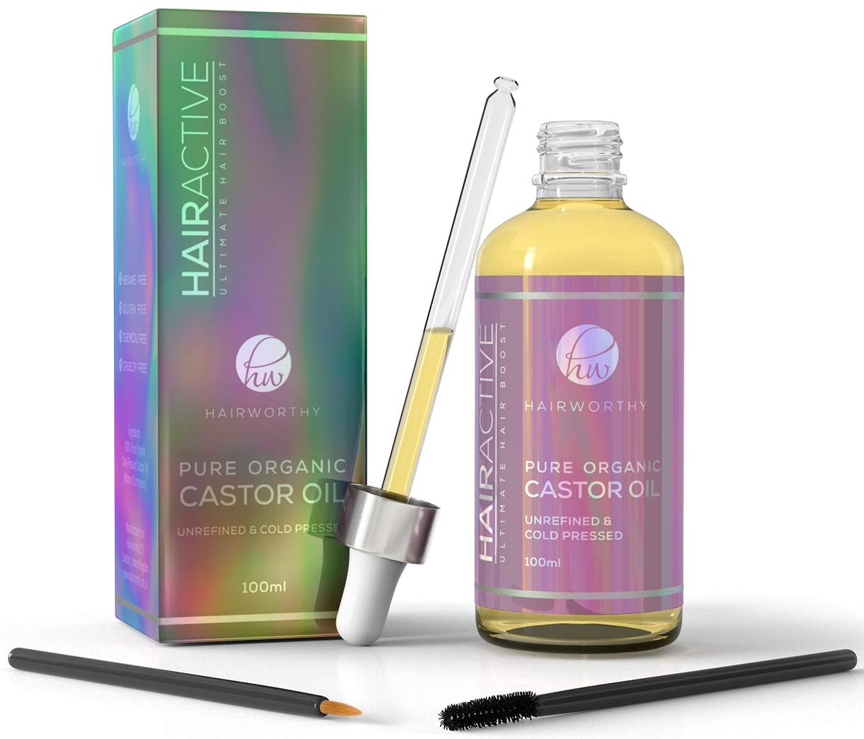Hairworthy - 100% Pure, Organic, Cold-Pressed, Natural Castor Oil for Instant Hair Growth, Boost Eyelashes & Eyebrows. Hexane-Free Premium Oil For Skin & Nails. Applicator Kit Included.