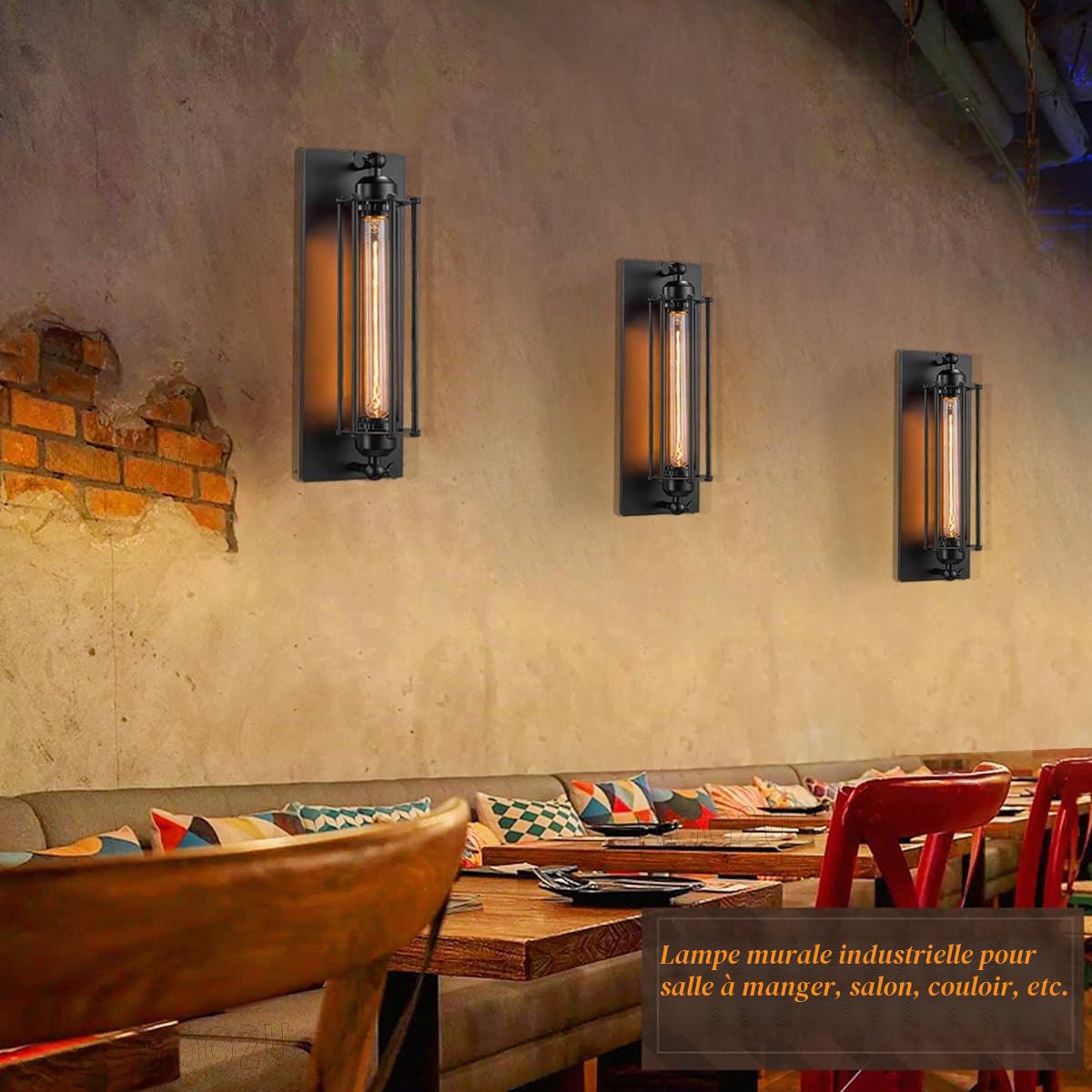 Lot de 2 Appliques murales industrielles Noires Lampes Murales Vintages E27 Spots muraux Intérieures luminaires Murales en Métal 37cm pour Chambre Salles à manger Couloirs Salon