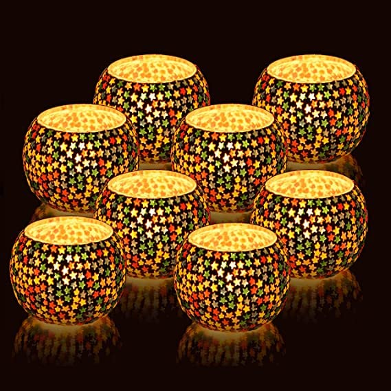 APOPHIS Pack of 8 Mosaic Glass Tealight Candle Holders for Table Dining Room Lighting Home Decoration and Gifts, Diwali Decoration, Christmas Decoration and Gifts (Multi Star)