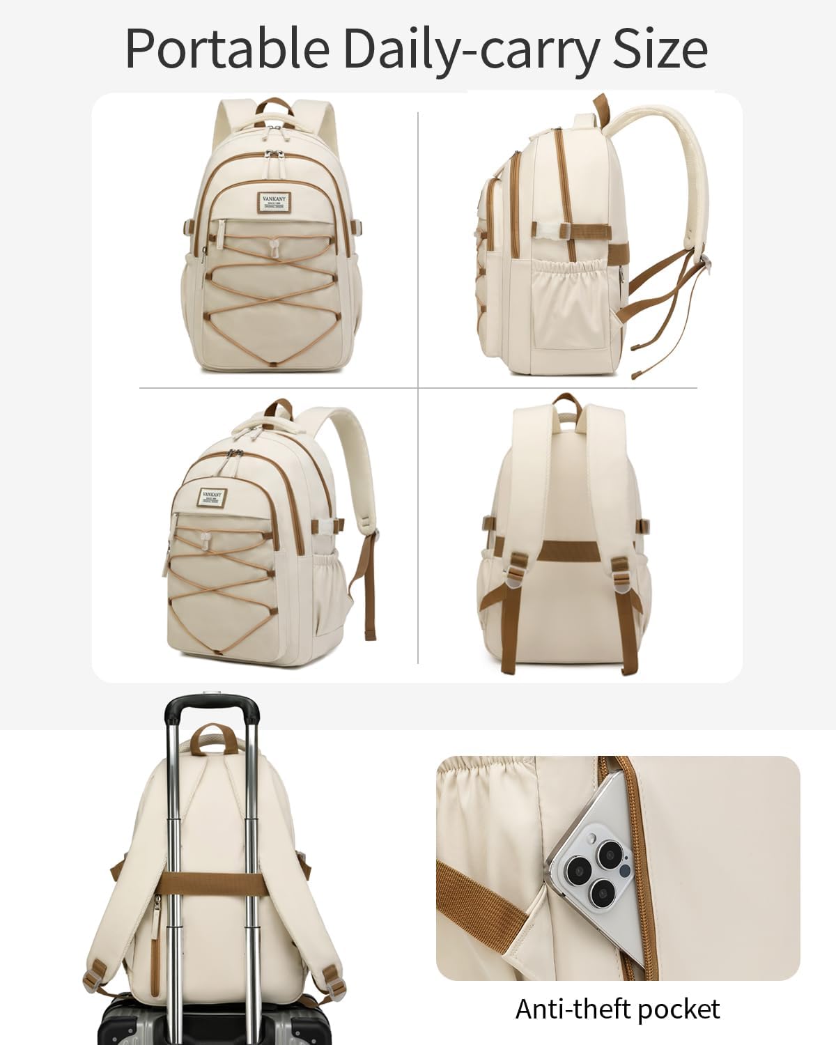 Teen Girls Backpack School Bag, 15.6in Laptop Backpack for Women Work Commuter, Aesthetic College Bookbag for Students, Beige - Image 6