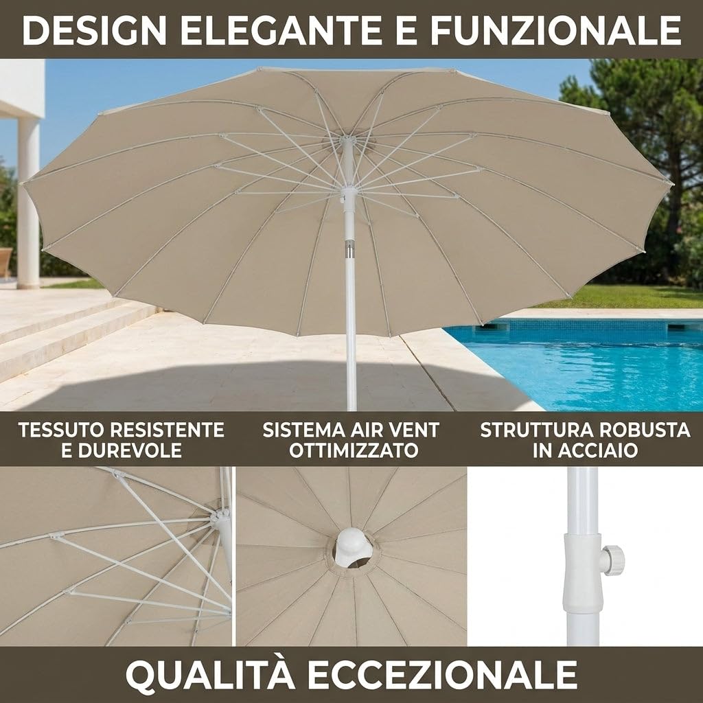 HEMAX Ombrellone da Giardino Parasole da Spiaggia 2,2mt con Palo Centrale