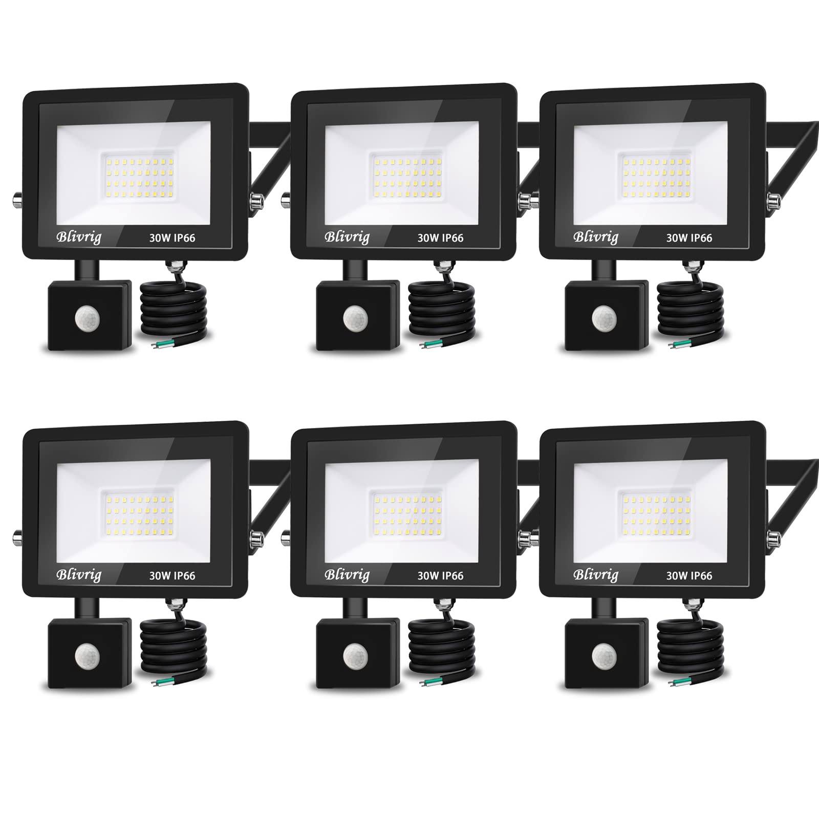 LED Strahler mit Bewegungsmelder 30W 6 Stück, 3000 Lumen Außenleuchte, 6000K Kaltweiß Strahler LED Bewegungsmelder, Außenstrahler IP66 Wasserdicht, Außenlampe für Garten, Innenhöfe, Garage, Flu