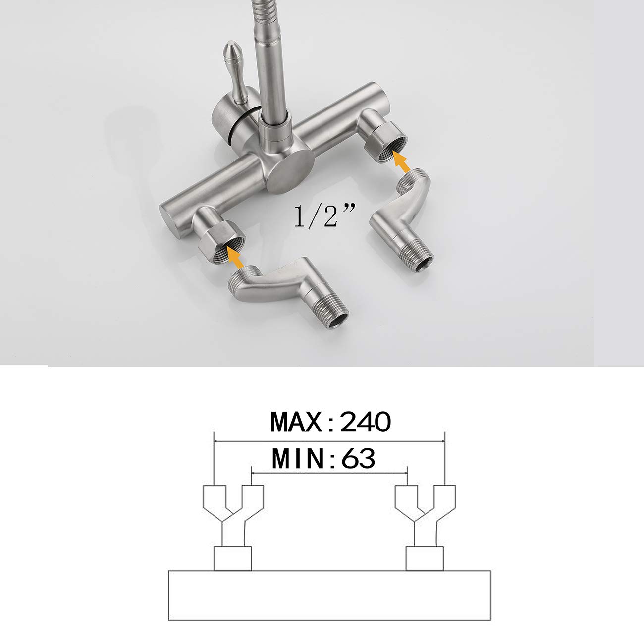 grifo Cocina Pared,Material De Acero Inoxidable 304 De Grado Alimenticio,Grifo De Cocina Montaje En Pared Con Giratorio 360°,Fría Distancia De 6.3-24cm Entre Dos Orifícios