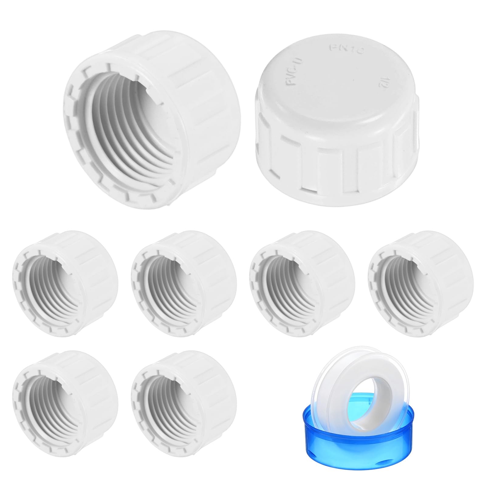 M METERXITY 8-Pack 1/2 Inch PVC Pipe End Cap Plug Adapter, Female Thread Water End Cap Connector with Sealing Tape for Yard/Watering Irrigation Systems, Inner Teeth End Pipe Plugs [White]