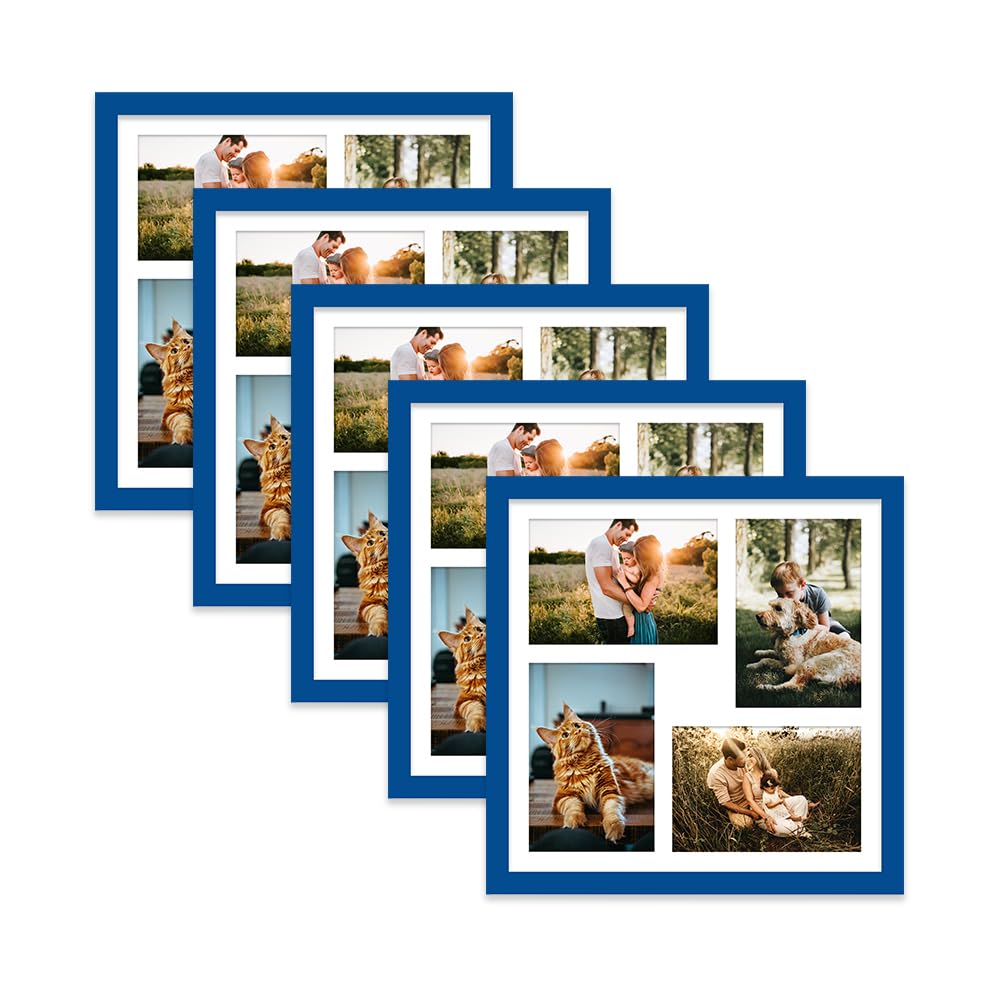 Blue Multi Photo Frame - Holds 4 x 6x4 Pictures, Family Collage Picture Frame for Wall Display, 12x12 Frame size, Set of 5