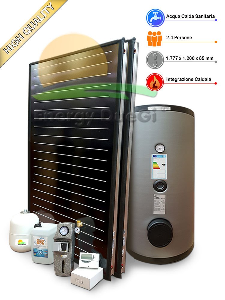 Kit impianto solare termico ad elevate prestazioni per produzione Acqua Calda Sanitaria, 2-4 persone, bollitore 300 litri, FKF200 (1, Impianto con bollitore doppiaserpentina)