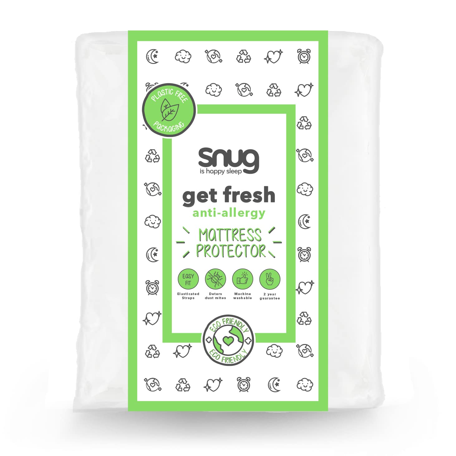 Snug Get Fresh Mattress Protector - Anti Allergy and Anti-Bacterial Mattress Pad Cover with Elasticated Straps to Fit All Mattress Depths – King Size – 200 x 150cm,White