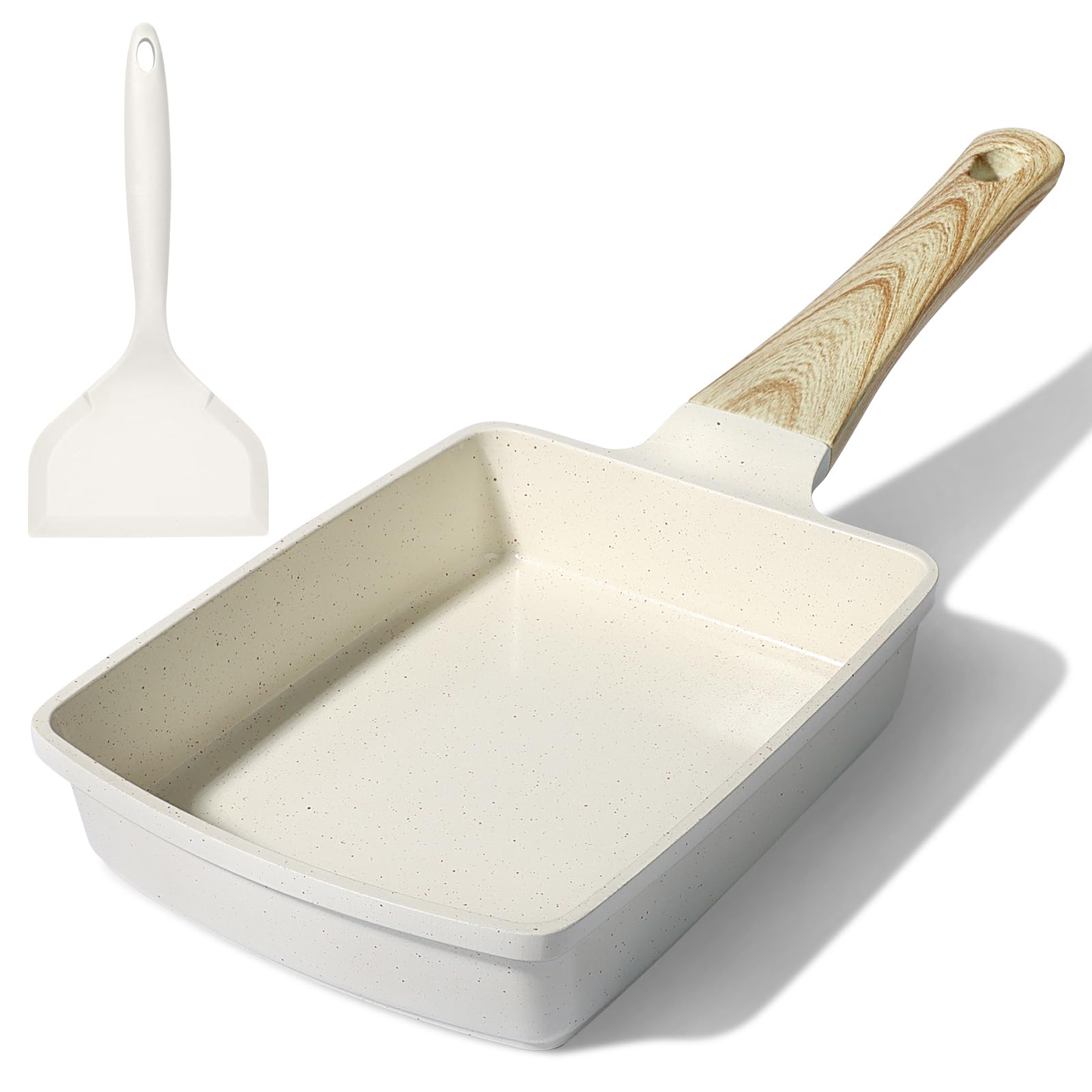 GiPP Tamagoyaki Egg Pan -Japanese Omelette Pan, 13 x18 cm Non Stick FryingPan with Wood Grain Heat-Resistant Handle, Compatible with All Stovetops, PFOS PFOA Free(White, Tamagoyaki)