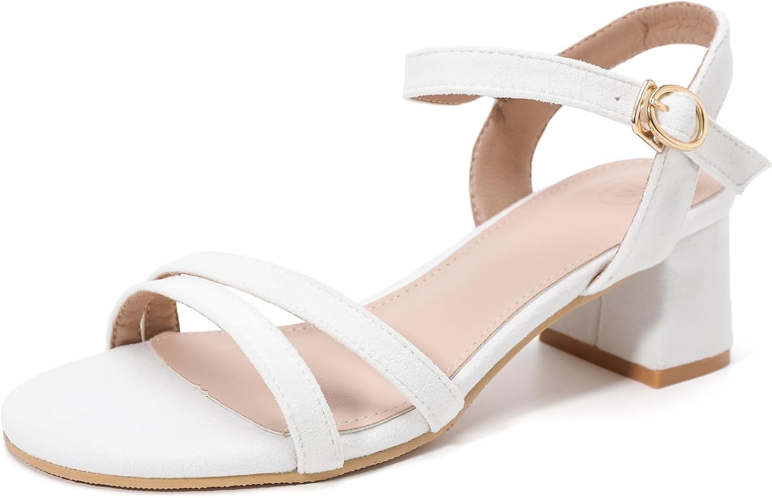 DADAWEN Women's Open Toe Ankle Strap Low Block Chunky Heels Sandals Party Wedding Dress Pumps Shoes 6.5 White/Suede