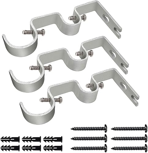 Miniatura 9 de TLBTEK 6 soportes de barra de cortina plateados, soportes dobles para colgar barra de cortina, soporte de pared resistente, soportes ajustables para