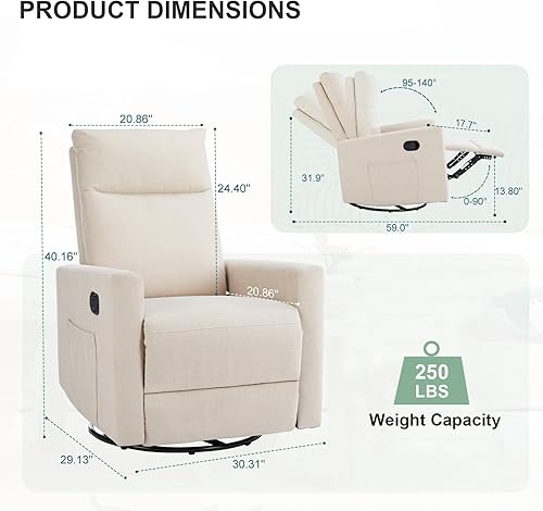 Miniatura 3 de Taiweny Silla reclinable giratoria, tapizada de tela de lino, sillas reclinables manuales con función giratoria de 360 grados, planeador de