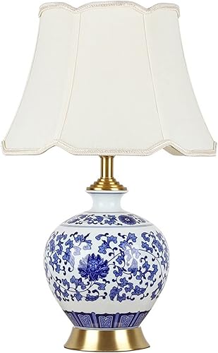 FAZRPIP Jingdezhen - Lámpara de mesa de cerámica para dormitorio, lámpara de noche clásica de porcelana azul y blanca, lámpara de noche de oficina