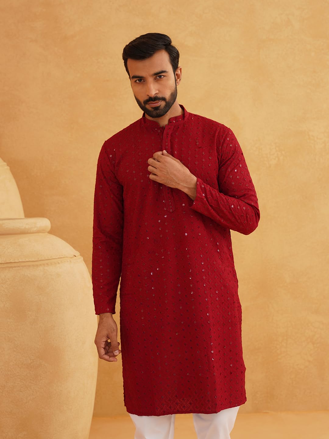 Sojanya (Since 1958 Men's Ethnic Motifs Embroidered Sequinned Maroon Cotton Long Kurta