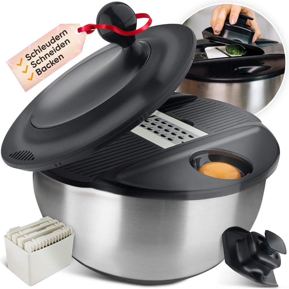 Salatschleuder Edelstahl mit Schneidefunktion [5 Verschiedene Aufsätze] Eigelbtrenner, Salatschüssel, Edelstahlschüssel mit 5L Volumen, Spülmaschinenfest zum Kochen Backen und Schneiden
