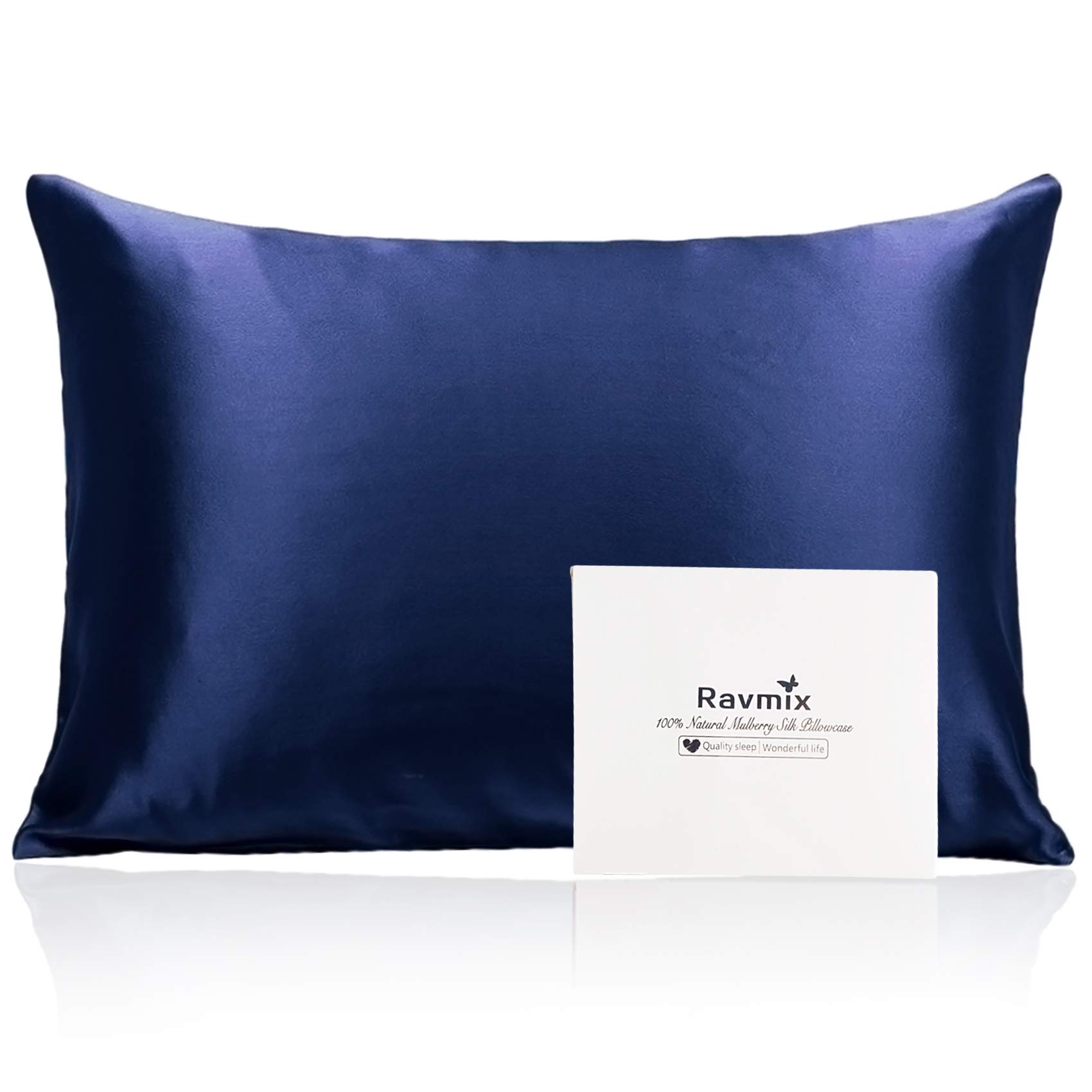 RavmixSilk Pillowcase for Hair and Skin with Hidden Zipper, Both Sides 21Momme Mulberry Silk Cooling Pillow Case Standard Size 20×26inches, 1PCS, Navy Blue
