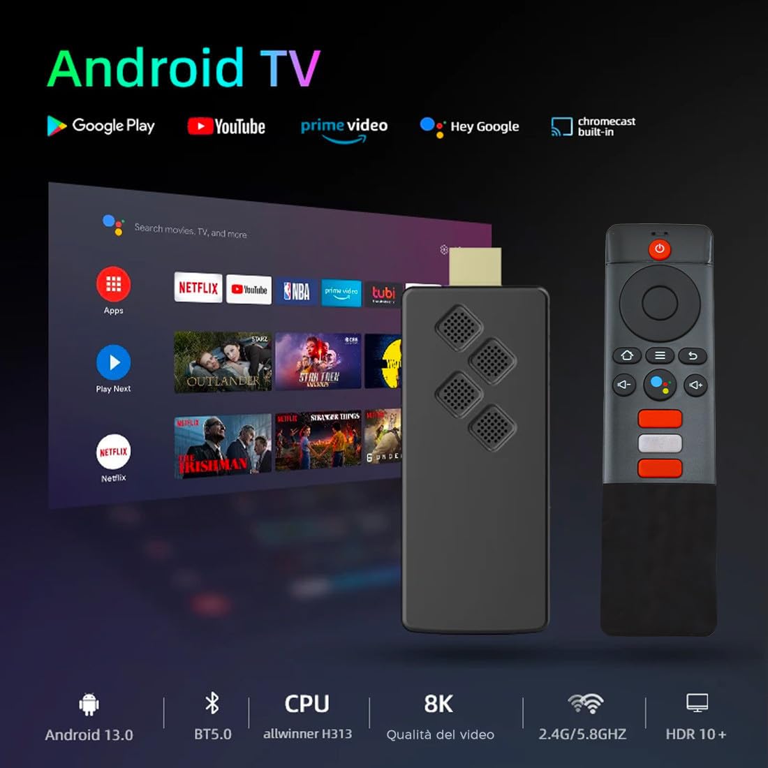 TV Box Stick Streaming 8K HD Android Connessione Wi-Fi con telecomando vocale