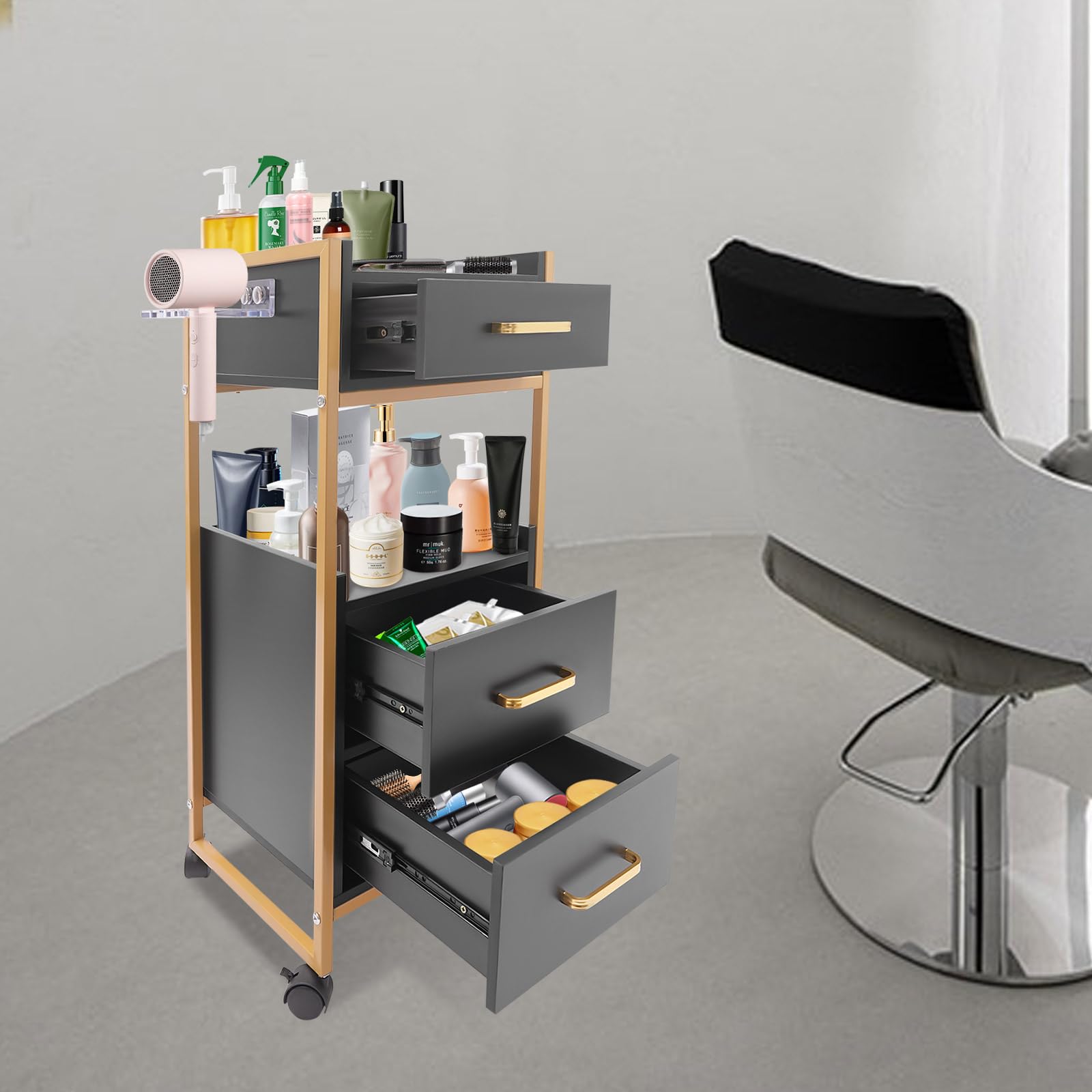 Carrito de salón con ruedas, soporte para secador de pelo, 3 cajones y 2 estantes abiertos, carrito de peluquería portátil para cosméticos, spa o tatuaje, 36 x 32 x 87 cm (negro) — view 3