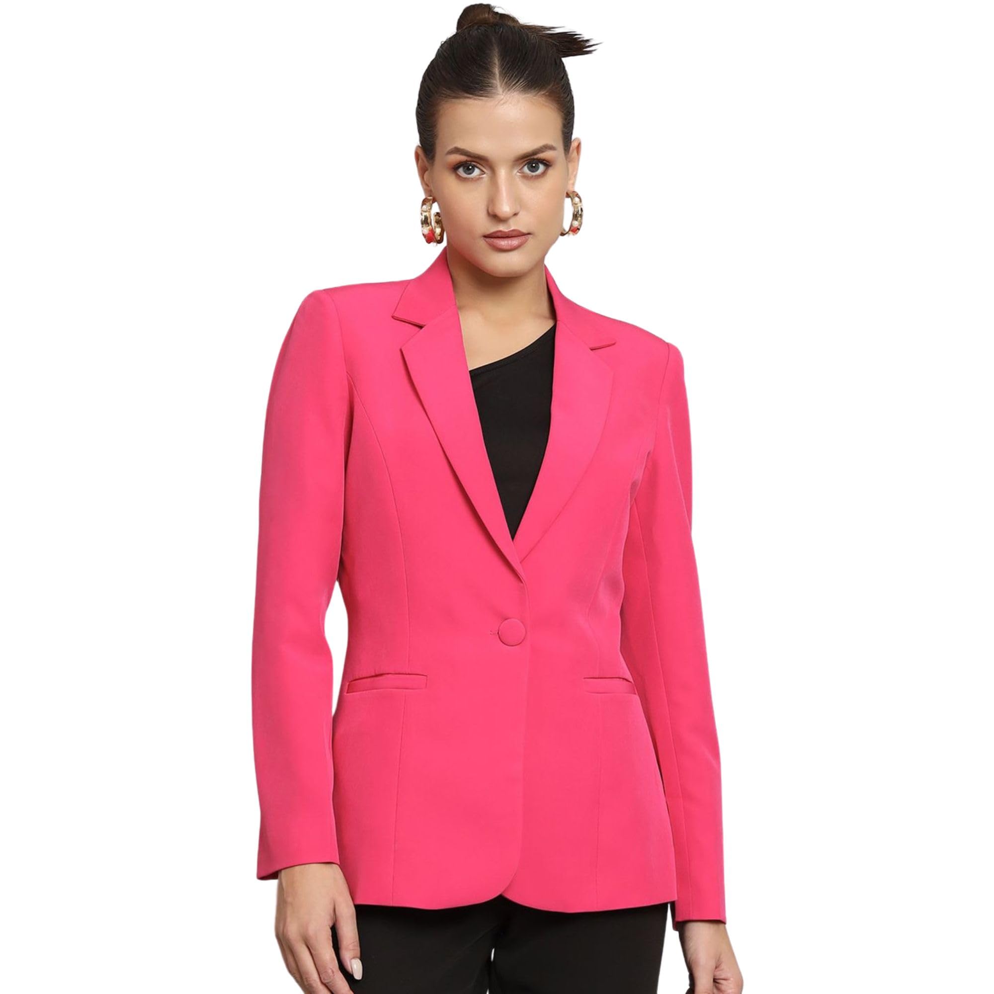 Women's Stylish Hot Pink Formal Blazer | Slim Fit with Stretch Fabric | Notched Lapel | Single-Breasted with Button Closure | Long Sleeves | Versatile Office & Smart Casual Wear Blazer-image-42