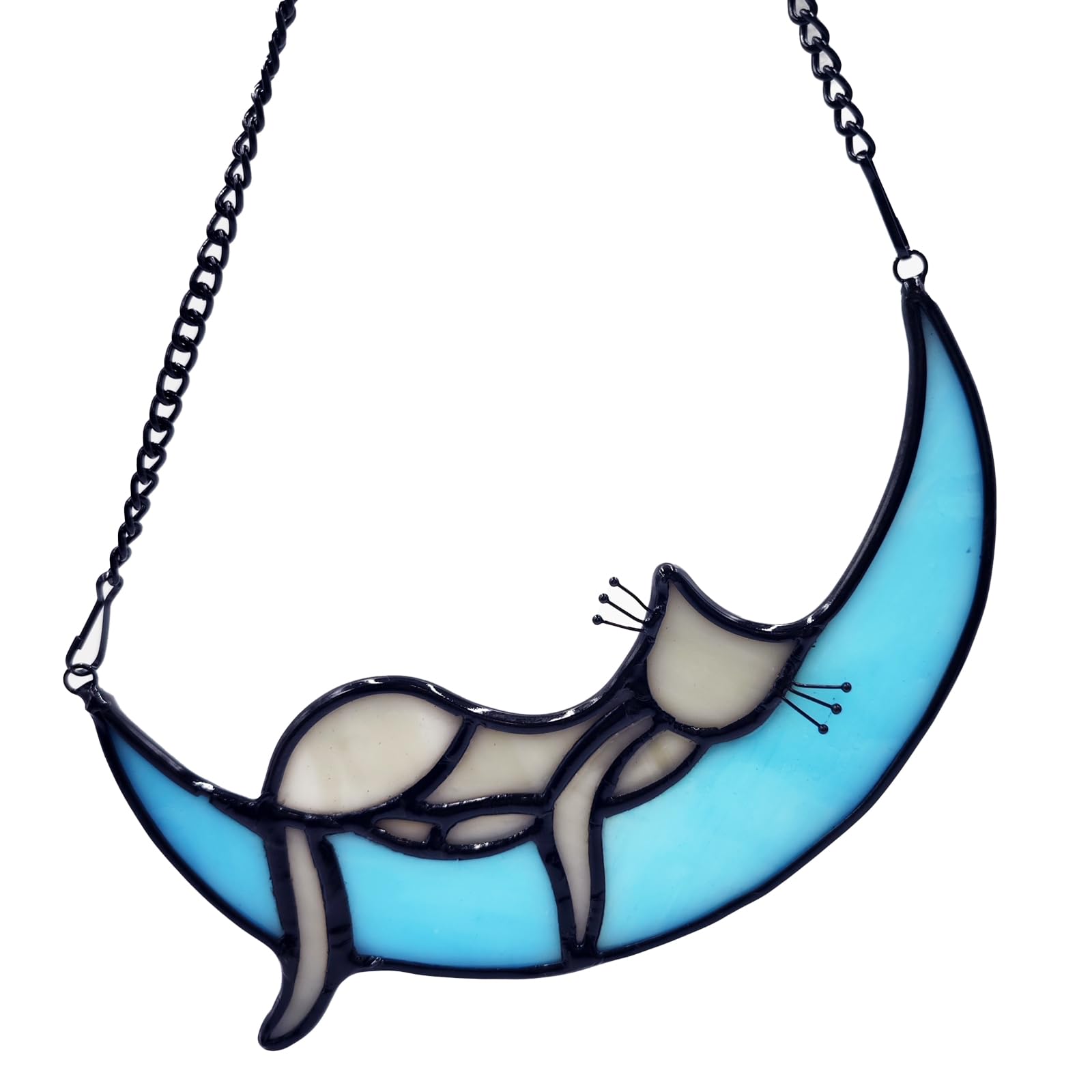 FLUFFYCAPTAIN Sleeping Cat on Moon Stained Glass Loss of Cat Memorial Gift for Cat Lovers,Handcrafted Stained Glass Cat Suncatchers Decoration,