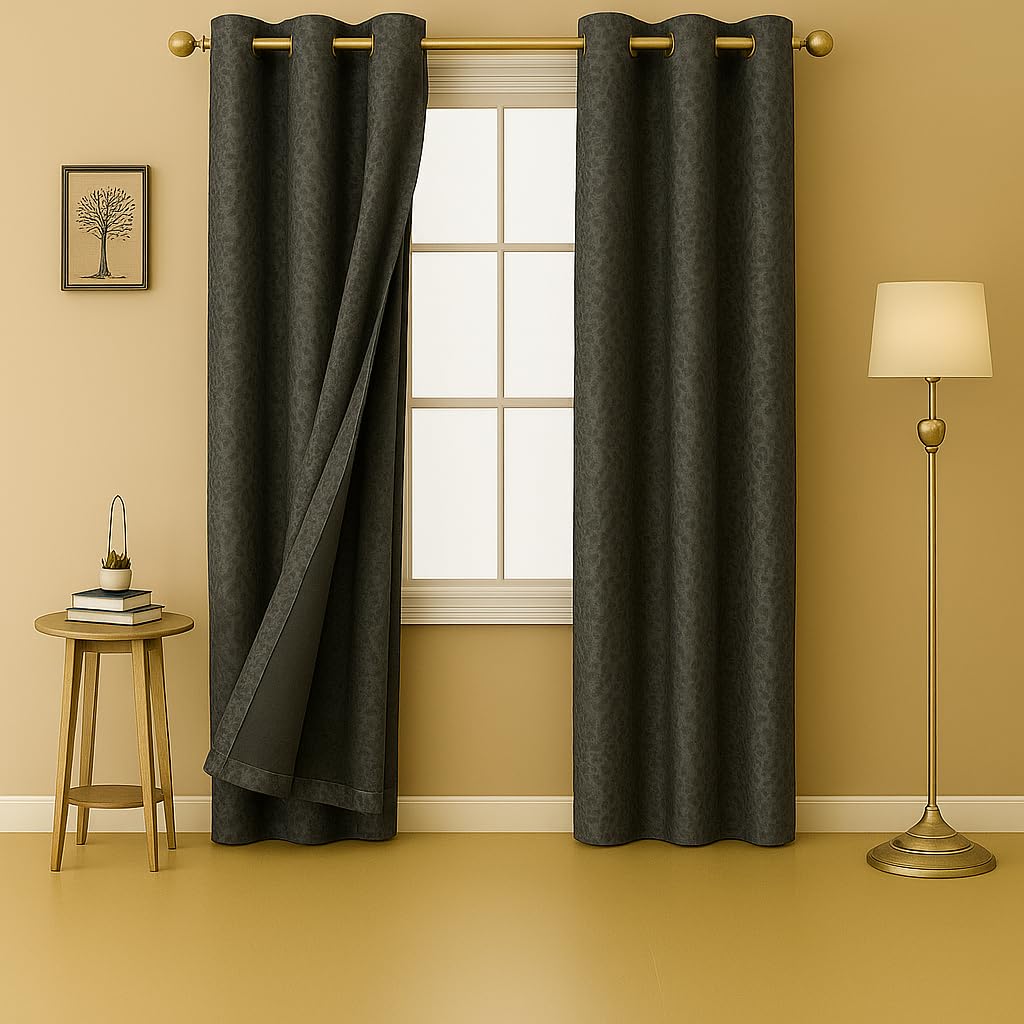 Selection House 7x4 Feet Faux Silk Blackout Curtains Set of 2 |Noise Reduced and Fade Resistant Curtains | Floral Jacquard Design Room Drapes for Bedroom Living Room Windows Door (Dark Grey)