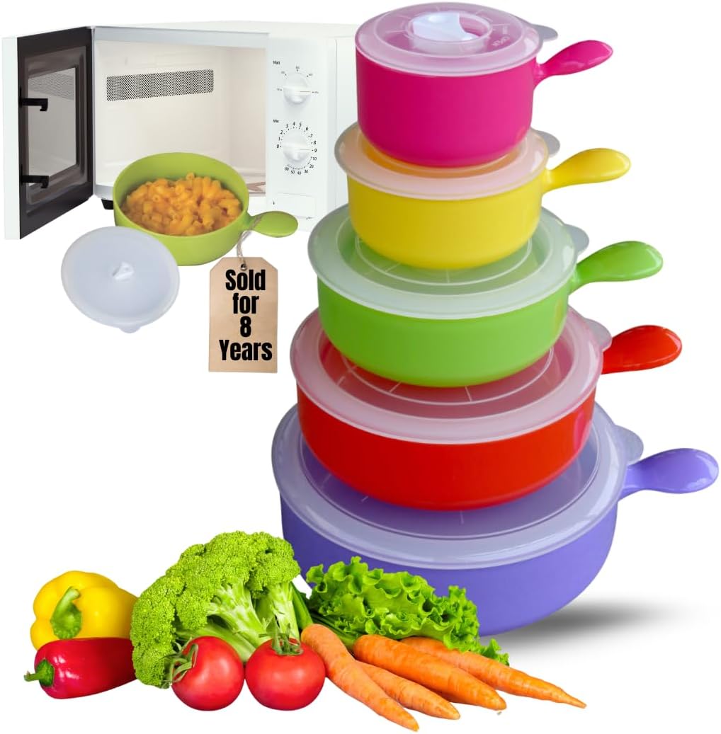 Evelots Microwave Freezer Safe Bowls - 10 Piece Set - With Vented Lids and Handles - Soup Bowls, Ramen, Cookware, Food Container Microwave Safe - BPA Free Plastic