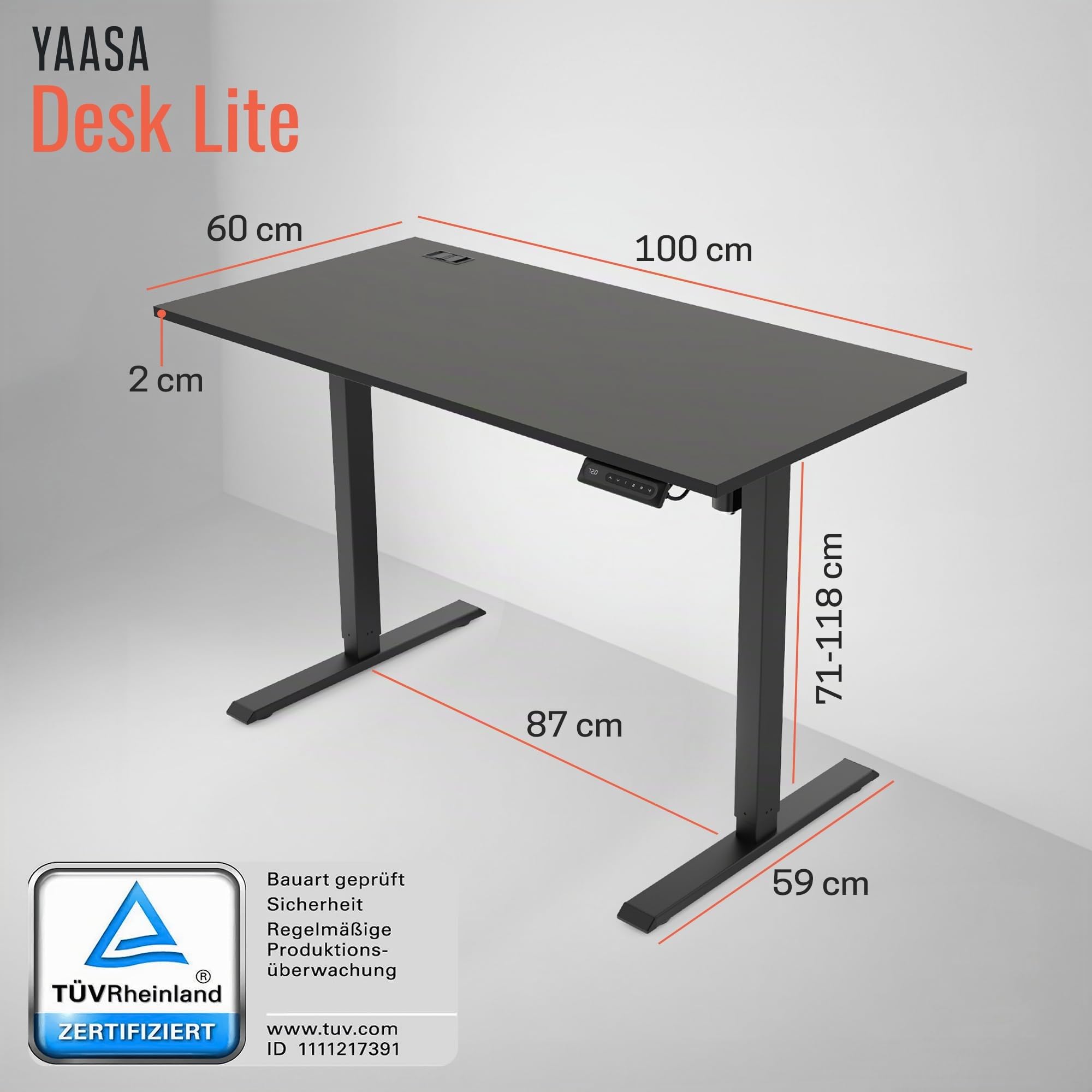 Yaasa Desk Lite 100x60cm, Premium-Schreibtisch elektrisch höhenverstellbar | Elektrisch höhenverstellbarer Schreibtisch für Büro, Automatikfahrt, verschiedene Größe und Farben, 5 Jahre Garantie