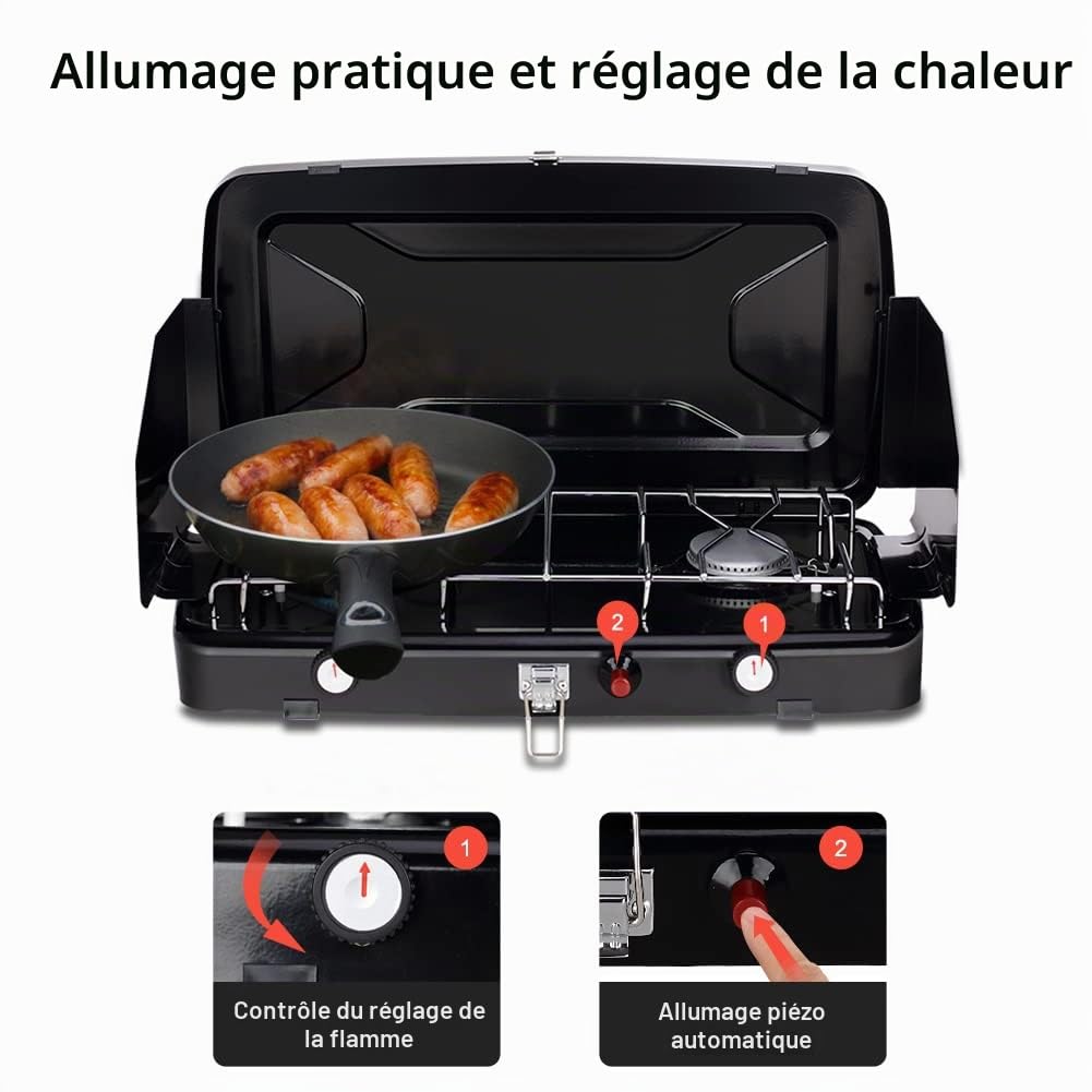Camplux JK-8620-DE Réchaud de camping à 2 feux, compact avec couvercle, réchaud à gaz portable pour extérieur, 50 mbar, 2400 W, LPG, BBQ-128WG