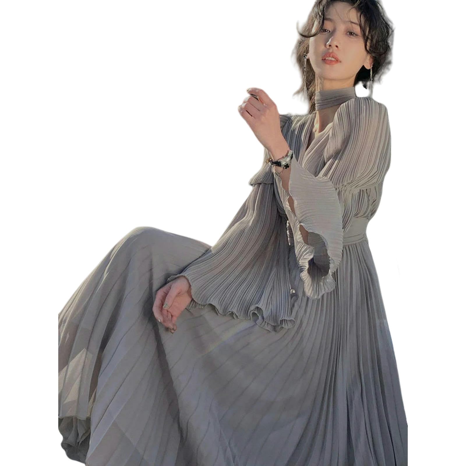 Vestiti a Maniche Lunghe Nuovo Elegante Abito Volantico Francese Femminile, di Moda Irregolare Lungo Coreano, da Sera Una Festa Pieghe Fata, Femminile Primaverile