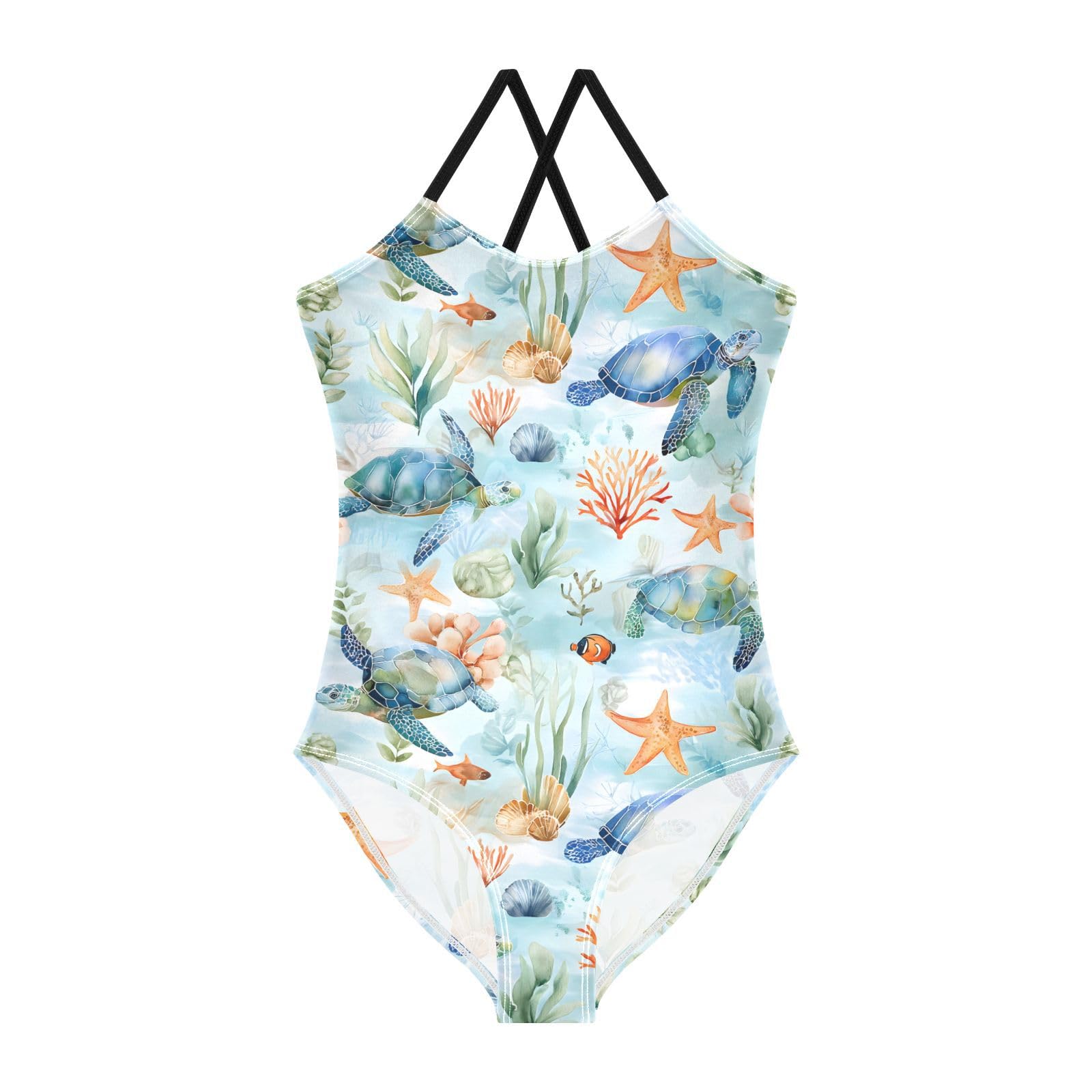 Watercolor Turtle Girls Swimsuits Quick Dry Crossback One Piece Beach Swimwear Bathing Suit, 5-6T