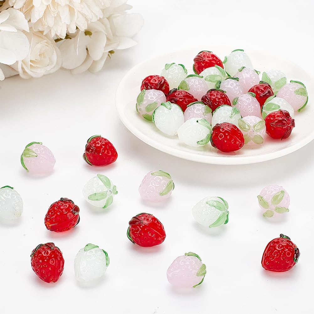 NBEADS 36 Pcs 3 Color Strawberry Glass Beads, 15mm Handmade Lampwork Fruit Beads for DIY Jewelry Making - Image 4