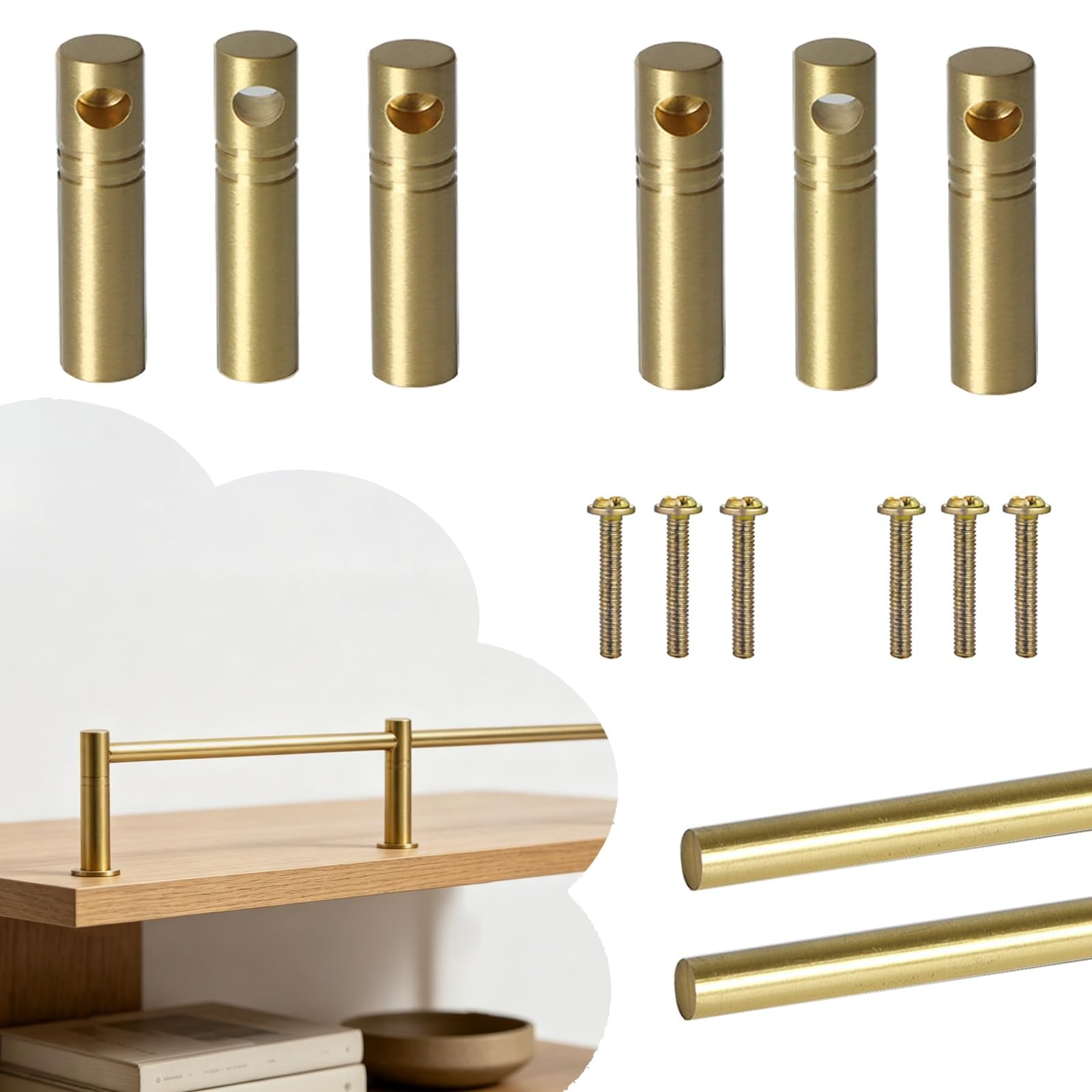 ERRULAN Decorative Brass Railing for Wood Shelves 2 Pack, Shelf Guard Rail Fence Set for Shoe Racks/Bookshelf, Sturdy Round Tube Barrier Rod Guards Fence(Gold,14in/35.6cm)